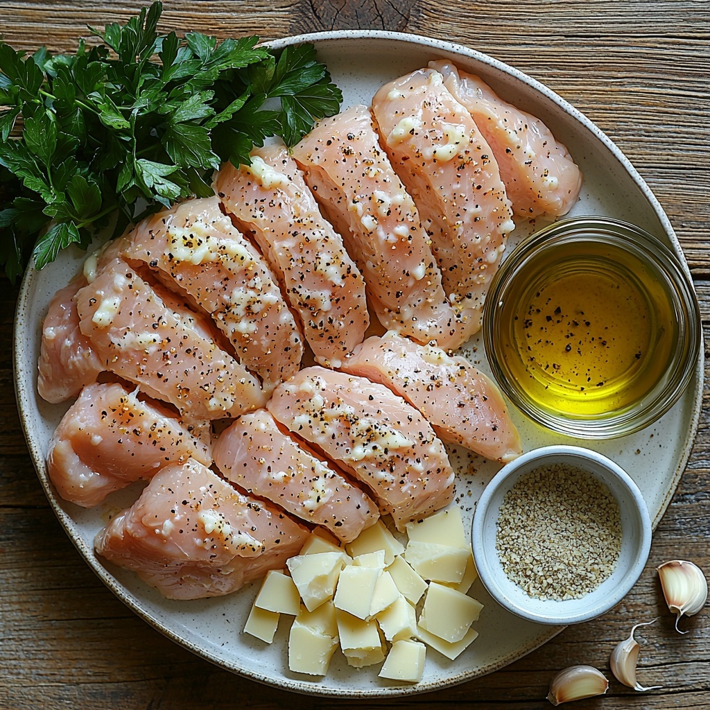 4 boneless skinless chicken breasts neatly placed on a clean white ceramic plate, next to a small glass bowl of creamy Caesar dressing with a smooth texture, a separate small bowl filled with fine golden breadcrumbs mixed with grated Parmesan cheese visible as snowy white shreds, a teaspoon of coarse black pepper scattered artfully on the surface, a small pile of pale beige garlic powder in a tiny white dish, a small glass cup of rich golden olive oil with a subtle shine, and a bunch of vibrant fresh green parsley sprigs arranged casually to one side, all set on a light wooden table with a natural matte finish that enhances the colors and textures, soft natural lighting casting gentle shadows, minimal props to keep focus on ingredients, clean and inviting, overhead shot, top down view, flat lay photography, professional food styling --ar 1:1 --q 2 --s 750 --v 6.1