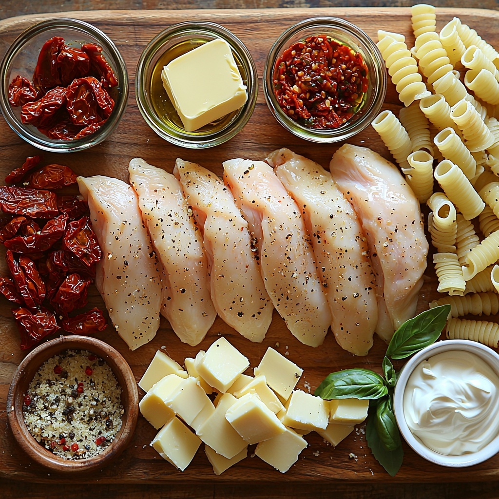 2 large boneless skinless chicken breasts raw and plump, 1 tablespoon golden olive oil in a small glass bowl, 1 tablespoon creamy unsalted butter on a white ceramic plate, 3 cloves garlic peeled and minced with some whole cloves nearby, 1/2 cup deep red sun-dried tomatoes roughly chopped in a rustic wooden bowl, 1 cup clear golden chicken broth in a small clear glass pitcher, 1 cup thick heavy cream in a white porcelain jug, 3/4 cup finely grated parmesan cheese fluffy and pale off-white in a small ceramic bowl, 1 teaspoon dried Italian seasoning with green and brown herb flakes scattered gently, 1/4 teaspoon bright red pepper flakes loosely piled, coarse salt and black peppercorns in small open ramekins, 8 ounces uncooked rigatoni pasta arranged in neat piles showing each tube’s ridged texture, fresh bright green chopped basil leaves sprinkled artfully on the side, all ingredients laid out on a smooth clean light wood surface with natural soft daylight, slight shadows for depth, styled with minimal props for a fresh and inviting look, warm tones enhancing the colors and textures, neat and balanced composition with space between elements – overhead shot, top down view, flat lay photography, professional food styling --ar 1:1 --q 2 --s 750 --v 6.1