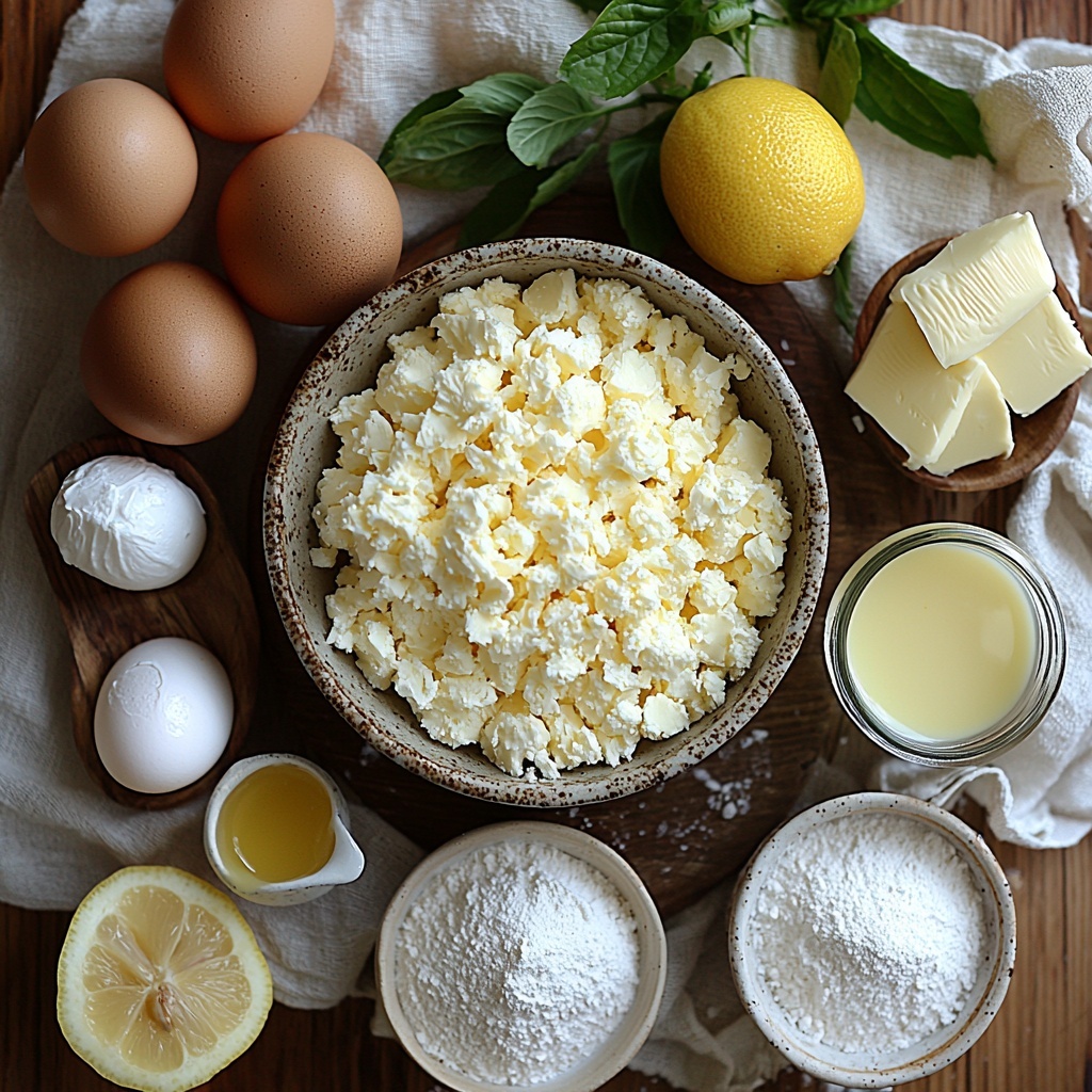 Softened butter in a small ceramic bowl, smooth and pale yellow; granulated white sugar in a rustic glass jar, sparkling crystals catching light; three large brown eggs arranged neatly on a natural linen cloth; a dollop of thick, creamy full-fat sour cream in a small white ramekin; a small bowl of dry lemon pudding mix, fine and powdery with a pale yellow hue; fresh lemon zest finely grated on a wooden cutting board, bright yellow and textured; a halved lemon showing juicy, vibrant yellow flesh; a small glass bowl with freshly squeezed lemon juice, translucent and glossy; sifted cake flour piled softly on a dark ceramic plate, powdery white with a delicate texture; teaspoons of baking powder and salt in tiny porcelain spoons, pristine and fine; softened cream cheese in a vintage white mixing bowl, smooth and creamy; powdered sugar heaped lightly in a delicate porcelain bowl, soft and fluffy white; all ingredients thoughtfully spaced on a clean, matte white surface, natural soft daylight illuminating textures and colors, subtle shadows adding depth, rustic wooden utensils and a sprig of fresh lemon balm for styling accents, overhead shot, top down view, flat lay photography, professional food styling --ar 1:1 --q 2 --s 750 --v 6.1