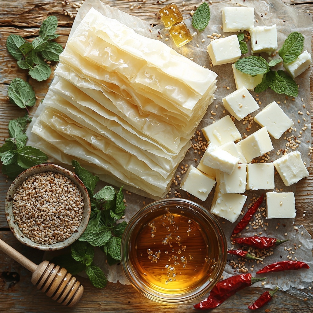 Phyllo dough sheets neatly stacked and slightly translucent, small blocks of crumbly white feta cheese arranged in a cluster, a small glass bowl of golden honey with a wooden honey dipper resting beside it, a scattering of bright red chili flakes in a rustic ceramic dish, glossy toasted sesame seeds spread artistically on a matte white surface, a small pool of rich olive oil in a clear glass container, fresh vibrant green mint leaves laid out delicately, all ingredients spaced evenly on a clean light wooden table with soft natural lighting highlighting the contrasting textures of flaky dough, creamy cheese, and sticky honey, subtle shadows for depth, colorful and inviting arrangement emphasizing freshness and warmth, overhead shot, top down view, flat lay photography, professional food styling --ar 1:1 --q 2 --s 750 --v 6.1