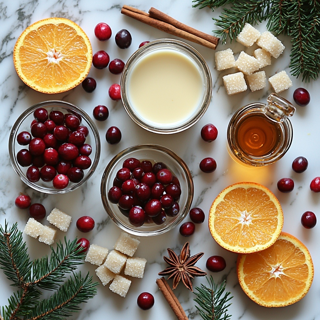 unflavored gelatin packet, small bowl with cold water, heavy cream in a glass measuring cup, carton or bottle of eggnog, small bowl of granulated sugar, vanilla extract bottle, fresh bright red cranberries scattered and in a small bowl, clear glass measuring cup with water, bowl of rich brown sugar, fresh orange with vibrant orange zest peel, whole cinnamon stick, small glass with amber brandy or bourbon, all ingredients neatly arranged on a clean white marble surface with soft natural daylight casting gentle shadows, textures highlighting the smoothness of cream and eggnog, the crystalline sparkle of sugars, the glossy freshness of cranberries, and the rustic cinnamon stick and orange zest, minimalistic styling with a few sprigs of fresh greenery for contrast, warm and inviting holiday vibe, overhead shot, top down view, flat lay photography, professional food styling --ar 1:1 --q 2 --s 750 --v 6.1