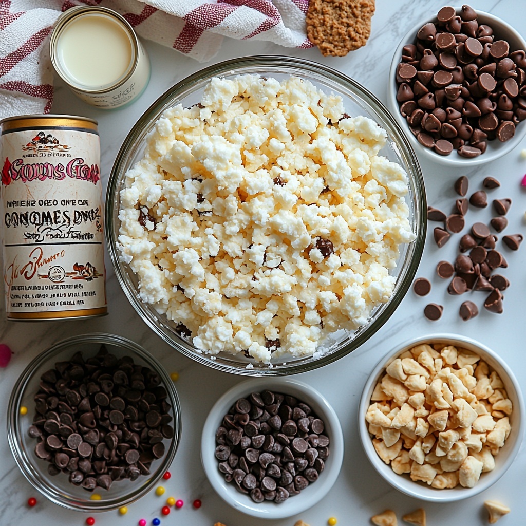 fresh, clean snow in a large clear glass bowl, a can of sweetened condensed milk with the lid partially open, a small glass dish with vanilla extract, a small white bowl of colorful sprinkles, a small white bowl filled with glossy chocolate chips, a small plate of crushed cookies crumbs, a small drizzle of chocolate syrup artfully placed on a white ceramic plate; all ingredients neatly arranged on a bright, clean white surface with natural soft daylight highlighting the textures—fluffy pristine snow contrasting with smooth, glossy condensed milk, shiny chocolate chips, and crumbly cookies, vibrant sprinkles adding playful pops of color; minimal shadows, clean and airy aesthetic, pops of warm and cool tones balanced for inviting winter dessert preparation scene; overhead shot, top down view, flat lay photography, professional food styling --ar 1:1 --q 2 --s 750 --v 6.1