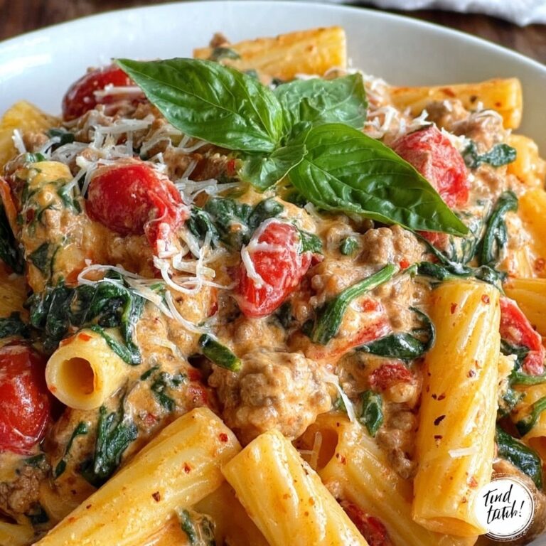 Creamy Sausage Rigatoni with Spinach, Garlic, and Tomato Cream Sauce Recipe