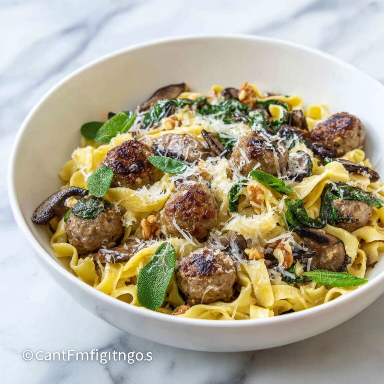 Winter Pasta with Mushrooms, Sausage Meatballs, Walnuts & Crispy Sage Recipe